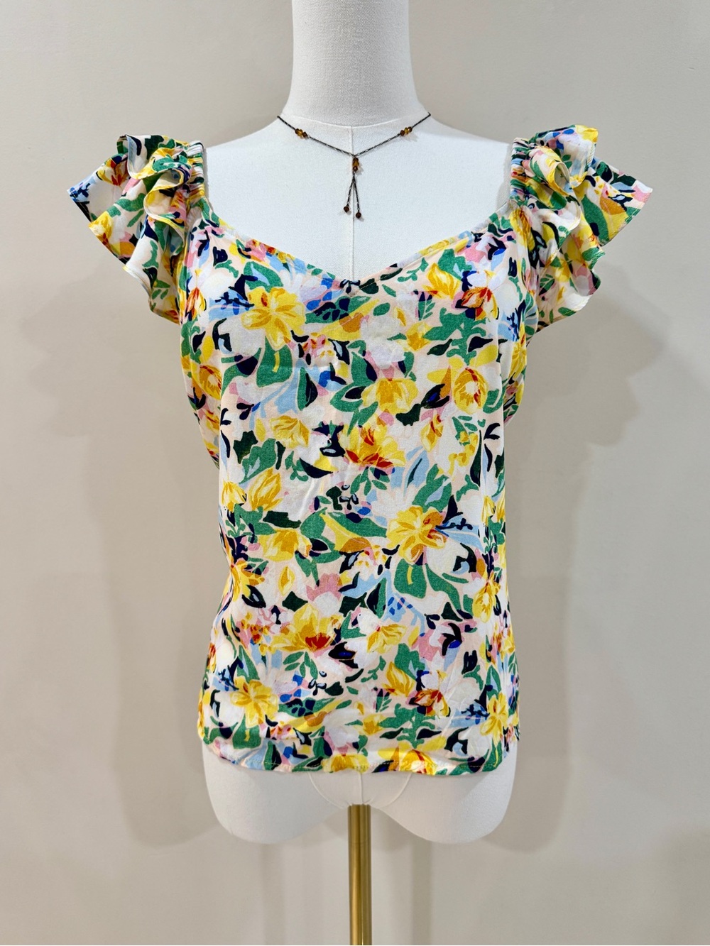 Esprit Flutter Sleeve Summer Blouse Yellow Floral Size M Cottagecore Top
